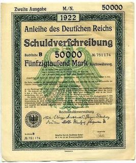 German Government 50,000 Mark Bond, 1922, uncancelled,