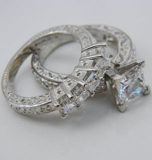 00 CTW PRINCESS CUT ANTIQUE CARVED STYLE WEDDING SET SOLID 925