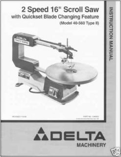 Delta 16 Scroll Saw Instruction Manual Model 40 560