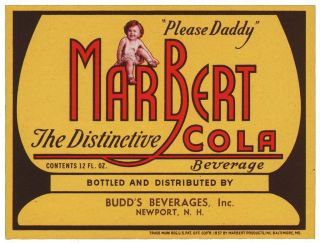 Old soda pop bottle label MARBERT COLA baby pictured Newport New