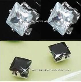 PAIRS CZ CLEAR+BLACK SQUARE MAGNETIC STUD EARRINGS