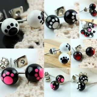 UV Stainless Steel Pin 6mm Ball Puppy Dog Pawprint Stud Ear Earrings