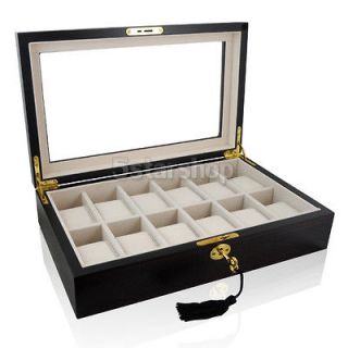 Slot Walnut Wood Watch Box Case Mens Jewelry Glass Top Storage Display