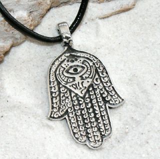HAMSA HAND EGYPTIAN EYE Pewter Pendant Leather Necklace