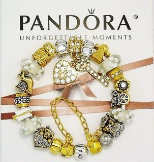 Silver Pandora Charm Bracelet Gold White Flowers Angel Bear
