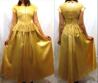 Vtg 1940s Gold SILK & LACE PRINCESS Dress Gown BELLE Beauty COSTUME