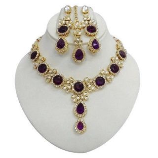 Gold Tone Purple CZ Wedding Necklace Set IndianTraditional Party Women