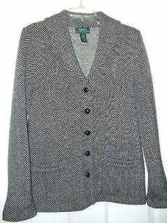 RALPH LAUREN Knit Sweater Jacket wood buttons HERRINGBONE Black