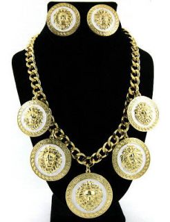 Versace Style GOLD Greek Key WHITE LION HEAD Chain Necklace Earring
