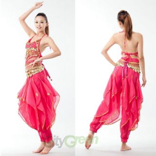 in 1 Belly Dance Costume Top+Gold Wavy Pants+338 Coins Hip Scarf US