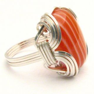 New Wire Wrap Red/White Sardonyx Silver Gemstone Ring