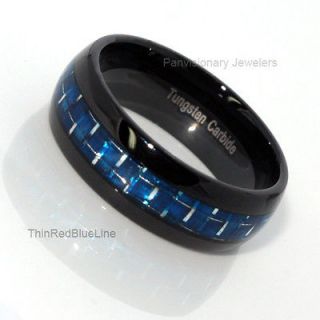 Thin Blue Line Black & Blue Tungsten Carbide Ring 8MM Dome Blue Fiber