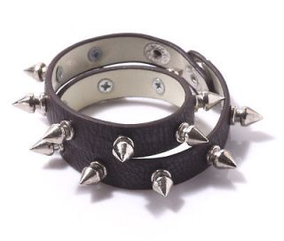 BR2404BK/Unise x 2 Row Leather Rivet Spike Studded Wristband Bracelet
