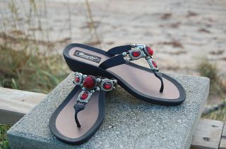 Grandco Grande Black Flip Flop Thong Sandal with Red Jewels