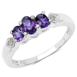 STERLING SILVER GENUINE AMETHYST 3 STONE RING WITH PLATINUM OVERLAY