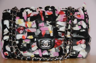 11P NEW CHANEL CLASSIC FLAP BAG BLACK Quilted Lambskin Cut Pink Ribbon