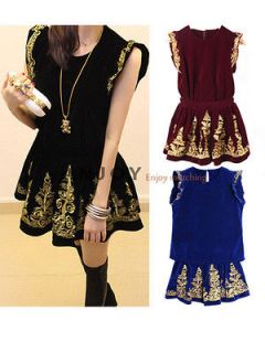 Frill Sleeves Embellish Gold Embroidery Velvet Short Dress Suit