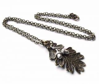 Vintage Large Bronze Oak Tree Leaf & Silver Acorn Charm Necklace