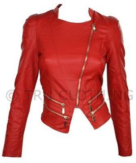 Ladies Fitted Retro PU Leather Jacket Chinese Collar Biker red Bomber