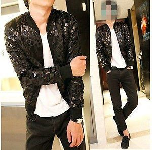 Fashion Leopard Animal Print Mens Jacket Casual Stand Collar Coat