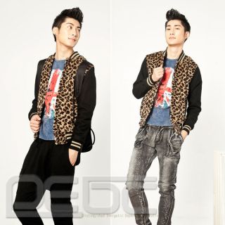 Fashion Mens Leopard Animal Print Casual Jacket Stand Collar Sporty