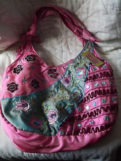 MAGGI B BoHo Chic Tie Handbag Purse PINK TURQUOISE EMBROIDERED 9x14