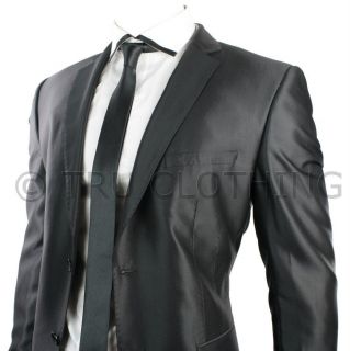 Mens Black Shiny Slim Fit 2 Button Wedding Party Suit Blazer & Trouser