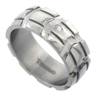 8mm Titanium Wedding Band Ring, Carved Truck Tire Pattern Polished