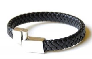 NEW MENS BLACK 100% LEATHER BRACELET WITH MAGNETIC STAINLESS STEEL