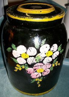 Antique Crockery Tall Floral Cold Hand Painted Covered Black Glaze Jar