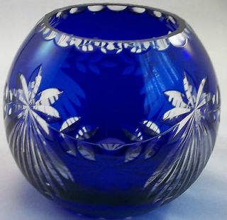 Bohemian Cobalt Blue Crystal Cut to Clear Etched Rose Bowl Vase Candle