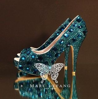 Peacock blue crystal snow diamond frost luxury bridal peep toe heels