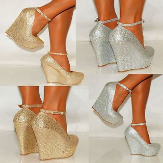 WOMENS SILVER PLATFORM GLITTER SHIMMER SPARKLY HIGH WEDGES SHOES SIZES