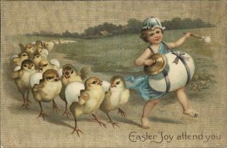 Easter Child Plays Music Egg As Drum Symbol Chicks Gilt Embossed c1910