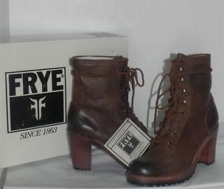 FRYE Lucy Tan Brown Lace Up Leather Boots New with Box
