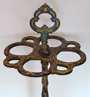 VERY OLD Ornate Cast Iron & Enamel Umbrella Stand ~Cobalt, Yellow, Red