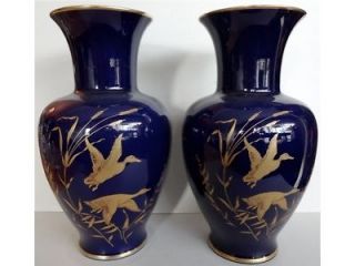 Pair Vohenstrauss Johann Seltmann Echt Kobalt Gold Mallard Ducks Vases