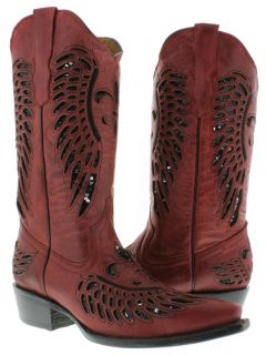 Womens ladies red leather sequins cowboy boots western riding biker