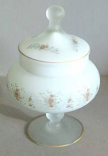 Vintage WHITE SATIN GLASS Pedestal CANDY DISH w LID Roses Ribbons