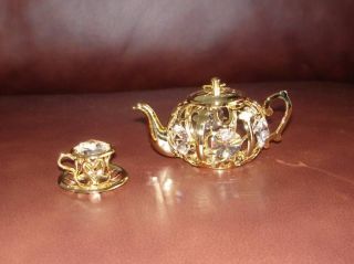 TEA SET~24K GOLD PLATED FIGURINE WITH BEST~*~AUSTRIA N CRYSTALS~* NEW