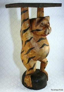 Vintage hand carved and painted wood Quirky Cat jardiniere stand large