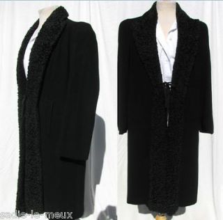 Vtg 30s Black Wool PERSIAN LAMB TRIM ROBE DRESS COAT Art Deco M/L