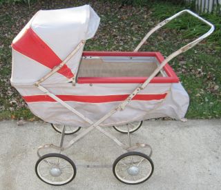 Antique Baby Doll Buggy Carriage South Bend Wheels Canopy Red & Gray