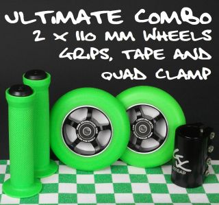  Green 110mm Spoke Metal Core Scooter Wheels Grips Tape Quad Clamp