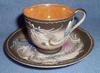 Vintage Japan Small Tea Cup Saucer Fighting Dragon Flying Fish Gold