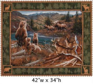 Northen Rim Fabric Moose Bear Grassy Winter Panel BTY