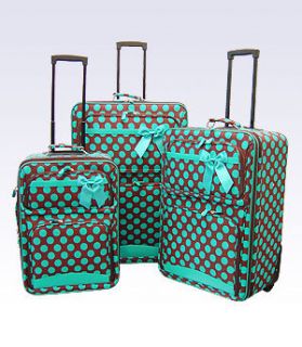Brown Dot Polka 3 Piece Rolling Luggage Set Wheels Suitcase