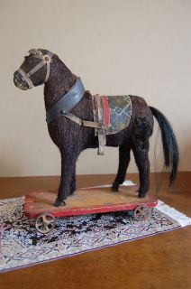  AMERICAN FOLK ART BLACK HORSE PULL TOY REAL HORSE HAIR WITH WHEELS