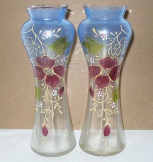 ANTIQUE VASE PAIR 1800s Mirror Image HAND PAINTED Glass VICTORIAN or