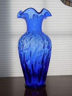 Glass Vase Cobalt Blue Twisted Melon Ruffled Rim 6458 11 Vtg